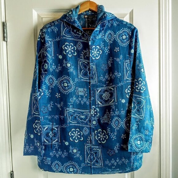 Carole Little Blue White Linen Hooded Jacket - Picture 1 of 4